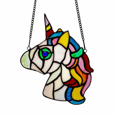 8"H Ariel the White Unicorn Stained Glass Window Panel - Mortise And Tenon