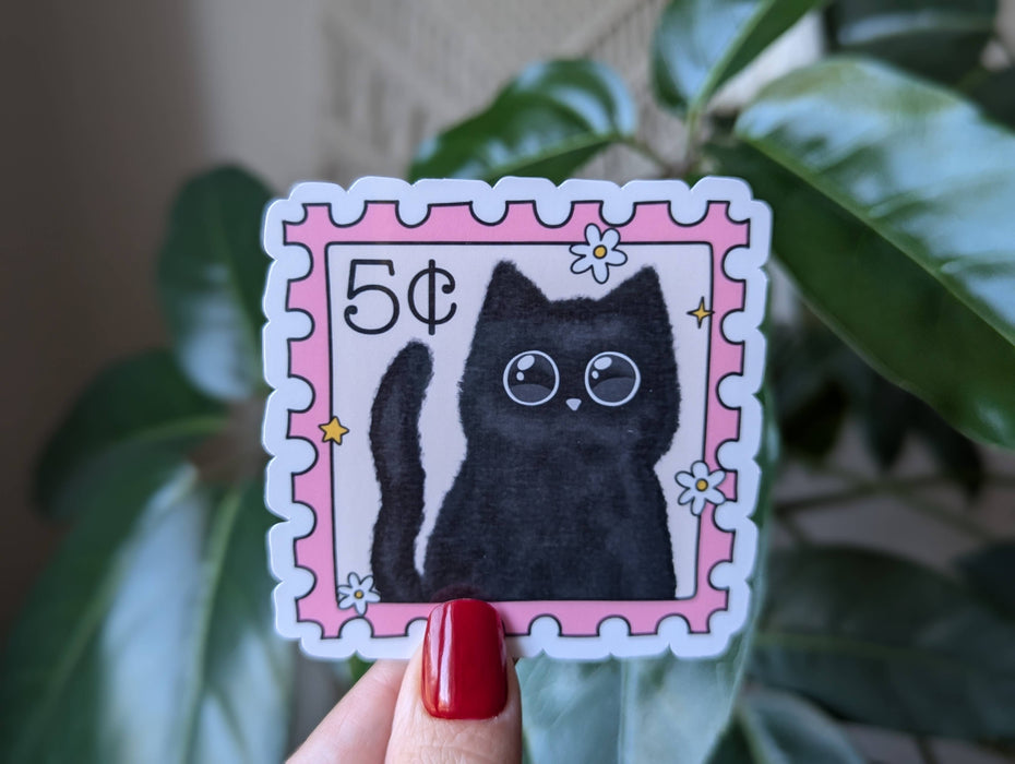 Cute black cat stamp vinyl sticker, animal lover merch