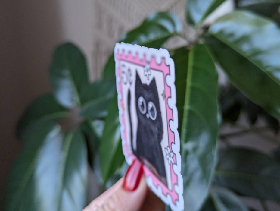 Cute black cat stamp vinyl sticker, animal lover merch