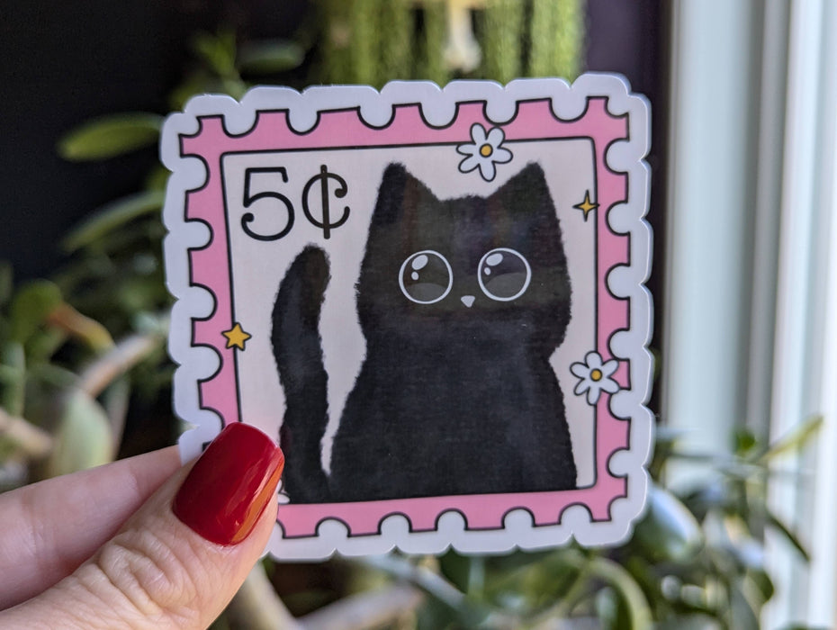 Cute black cat stamp vinyl sticker, animal lover merch