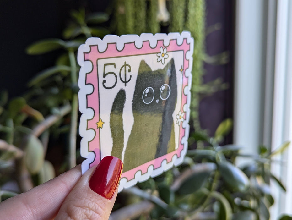 Cute black cat stamp vinyl sticker, animal lover merch