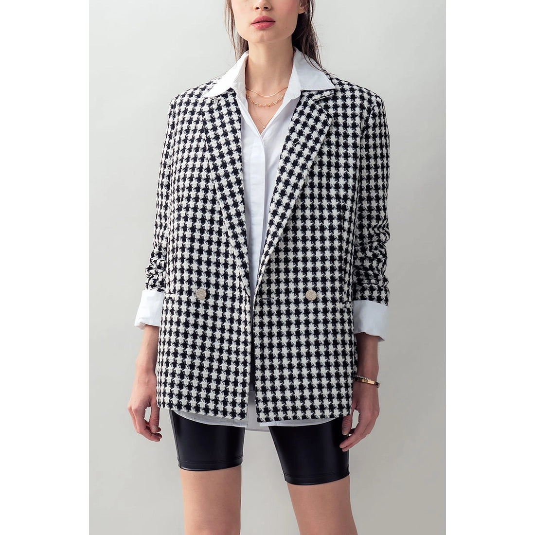 Urban Daizy Oversized Houndstooth Tweed Double Breasted Jacket - Mortise And Tenon